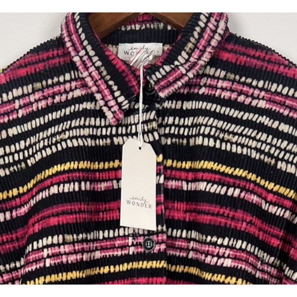 Emily Wonder Multicolor Ribbed Button up Shirt S Long Sleeve Collared Boho Retro - Picture 10 of 11